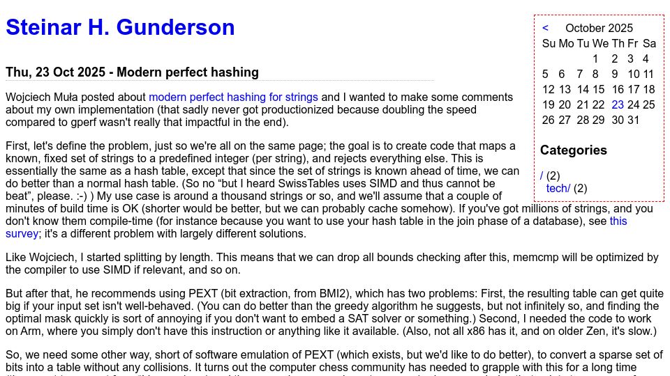 Screenshot of blog.sesse.net: Modern Perfect Hashing