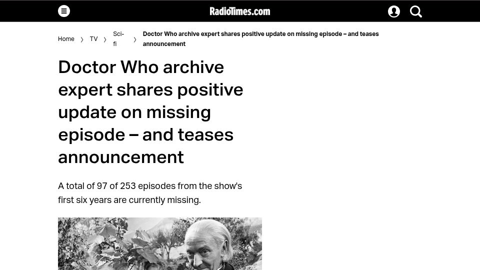 Screenshot of radiotimes.com: Doctor Who archive expert shares positive update on missing episode
