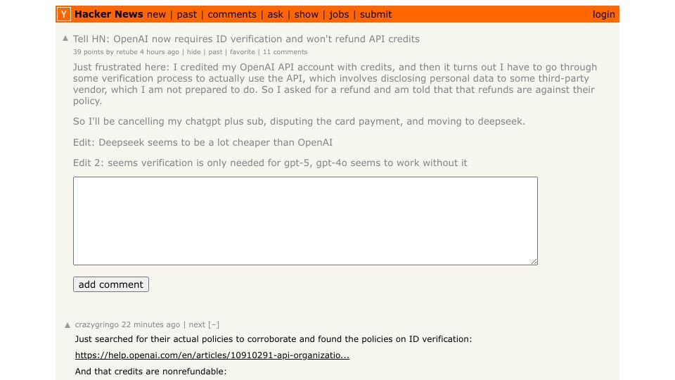 Screenshot of Hacker News post: Tell HN: OpenAI now requires ID verification and won't refund API credits