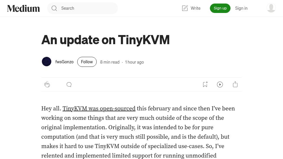 Screenshot of fwsgonzo.medium.com: An Update on TinyKVM
