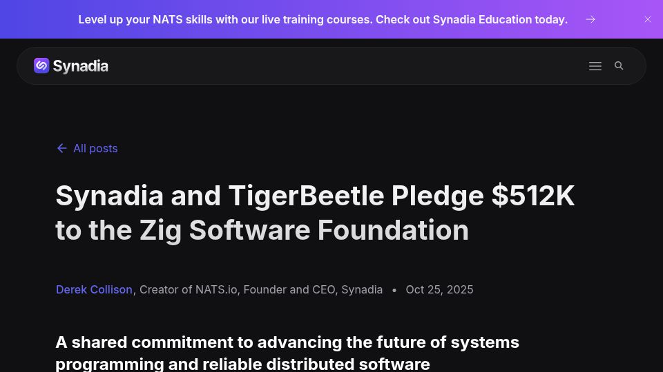Screenshot of synadia.com: Synadia and TigerBeetle Commit $512k USD to the Zig Software Foundation