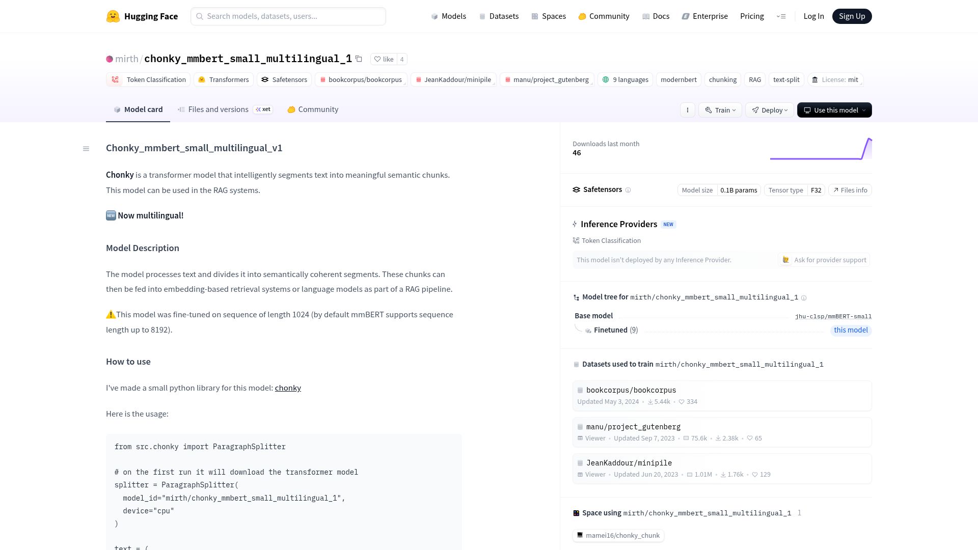 Screenshot of huggingface.co: Show HN: Chonky – a neural text semantic chunking goes multilingual