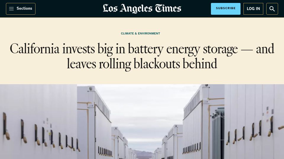 Screenshot of latimes.com: California invests in battery energy storage, leaving rolling blackouts behind
