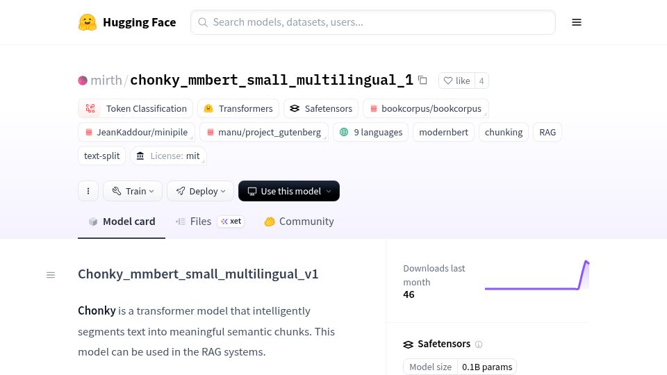 Screenshot of huggingface.co: Show HN: Chonky – a neural text semantic chunking goes multilingual