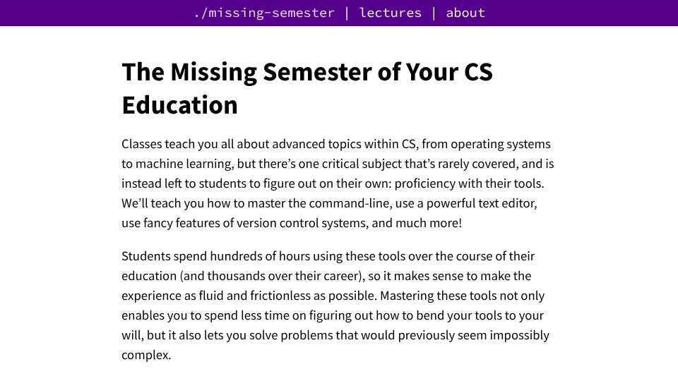 Screenshot of missing.csail.mit.edu: The Missing Semester of Your CS Education (2020)