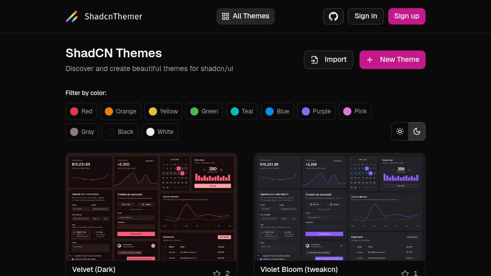 Screenshot of shadcnthemer.com: Show HN: Shadcn/UI theme editor – Design and share Shadcn themes