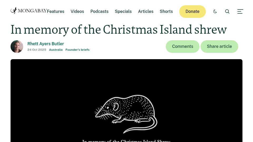 Screenshot of news.mongabay.com: In memory of the Christmas Island shrew