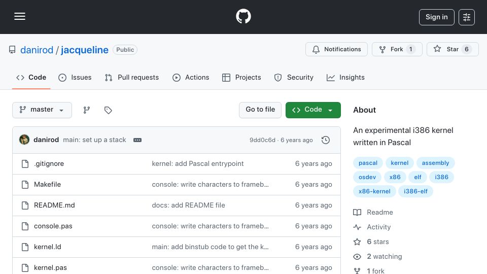 Screenshot of github.com: Jacqueline – A minimal i386 kernel written in Pascal (2019)