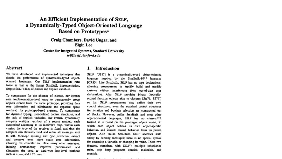 Screenshot of courses.cs.washington.edu: An Efficient Implementation of SELF (1989) [pdf]