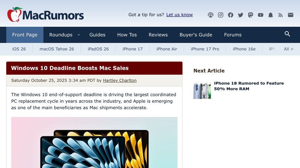 Screenshot of macrumors.com: Windows 10 Deadline Boosts Mac Sales