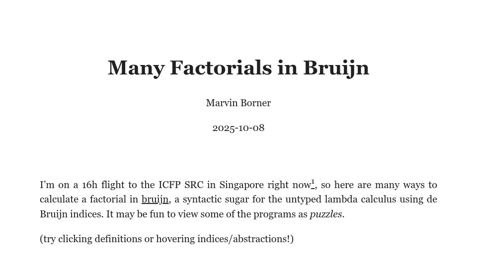 Screenshot of text.marvinborner.de: Many Factorials in Lambda Calculus