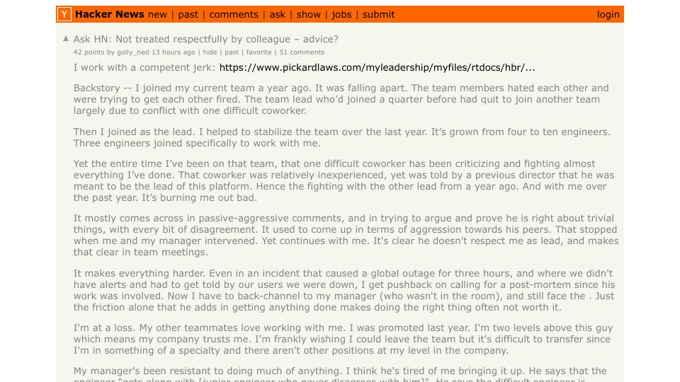 Screenshot of Hacker News post: Ask HN: Not treated respectfully by colleague – advice?