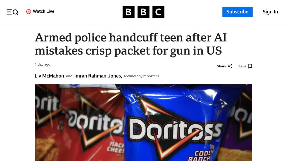Screenshot of bbc.com: Armed police handcuff teen after AI mistakes chip bag for gun in Baltimore