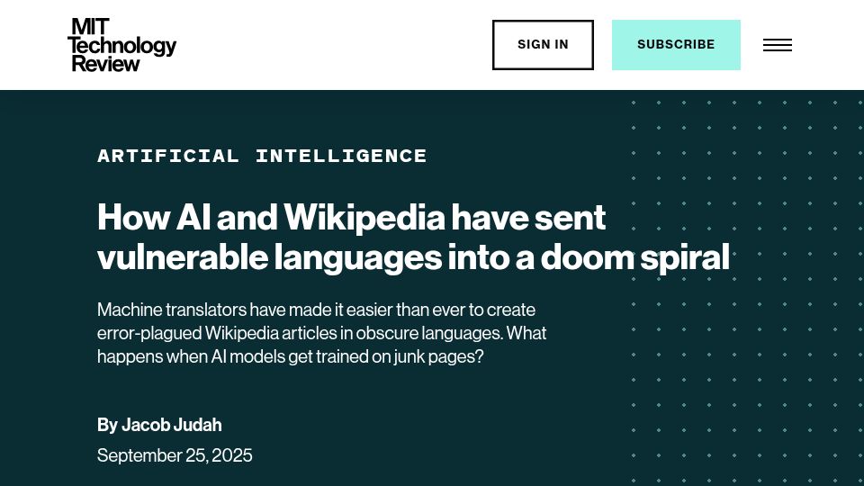 Screenshot of technologyreview.com: AI, Wikipedia, and uncorrected machine translations of vulnerable languages