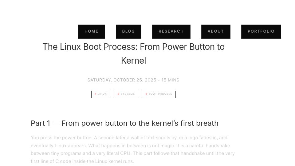 Screenshot of 0xkato.xyz: The Linux Boot Process: From Power Button to Kernel