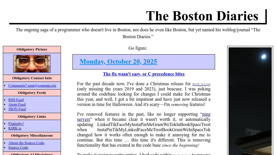 Screenshot of boston.conman.org: The fix wasn't easy, or C precedence bites