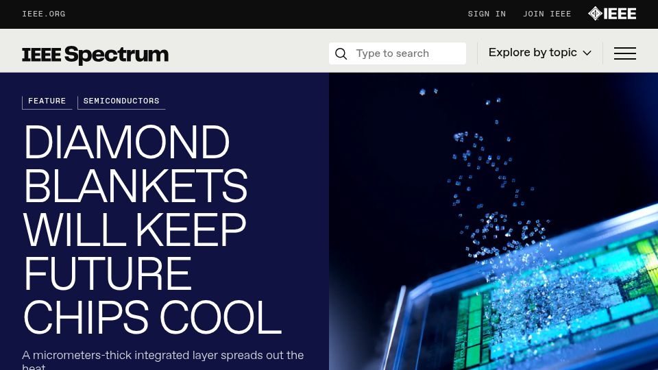 Screenshot of spectrum.ieee.org: Diamond Thermal Conductivity: A New Era in Chip Cooling