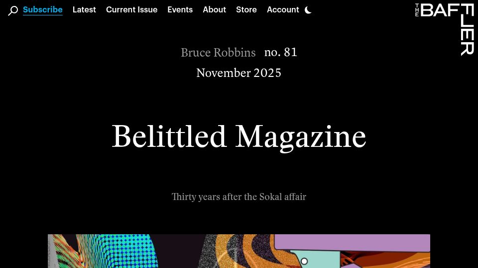 Screenshot of thebaffler.com: Belittled Magazine: Thirty years after the Sokal affair