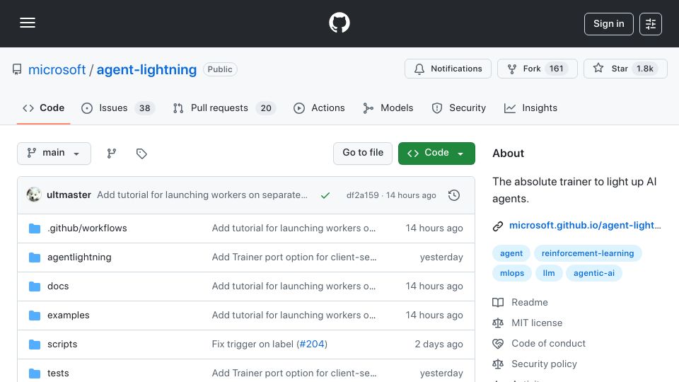Screenshot of github.com: Agent Lightning: Train agents with RL (no code changes needed)