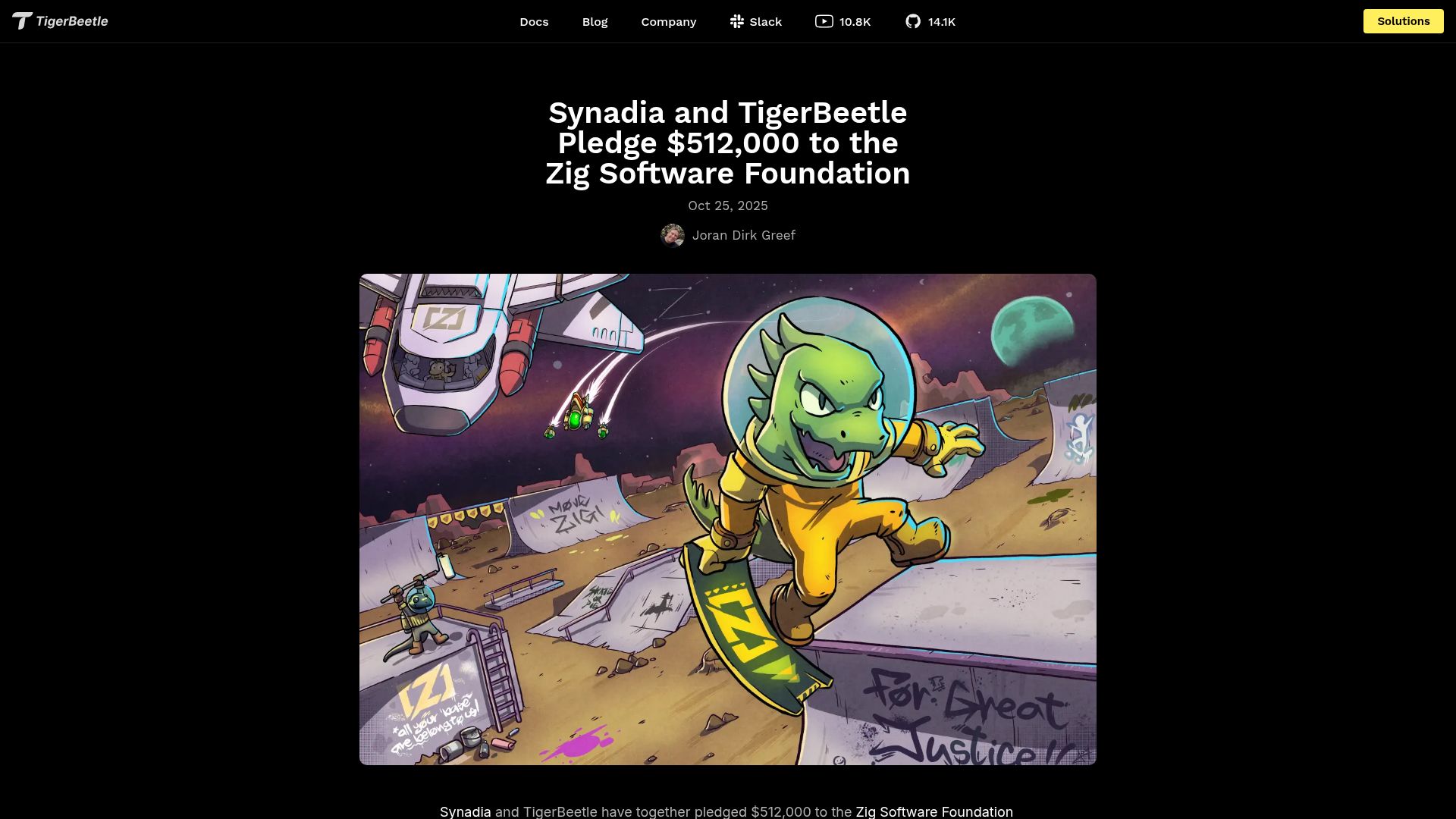 Screenshot of tigerbeetle.com: TigerBeetle and Synadia pledge $512k to the Zig Software Foundation