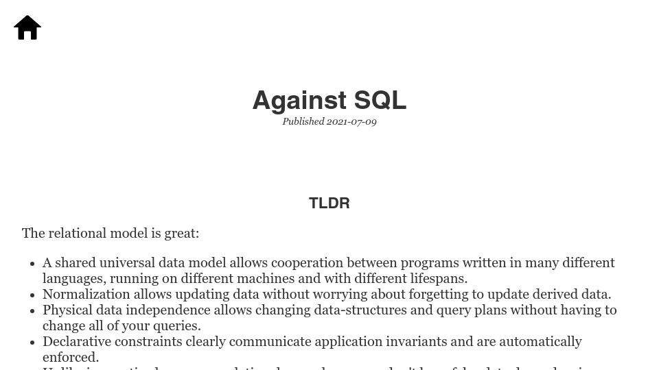 Screenshot of scattered-thoughts.net: Against SQL (2021)