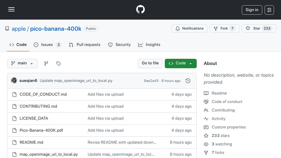 Screenshot of github.com: Pico-Banana-400k