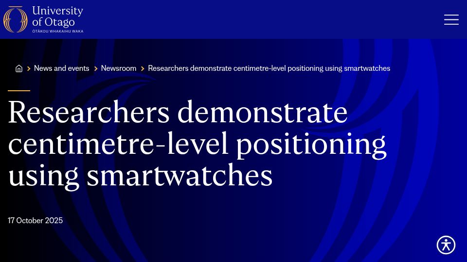 Screenshot of otago.ac.nz: Researchers demonstrate centimetre-level positioning using smartwatches