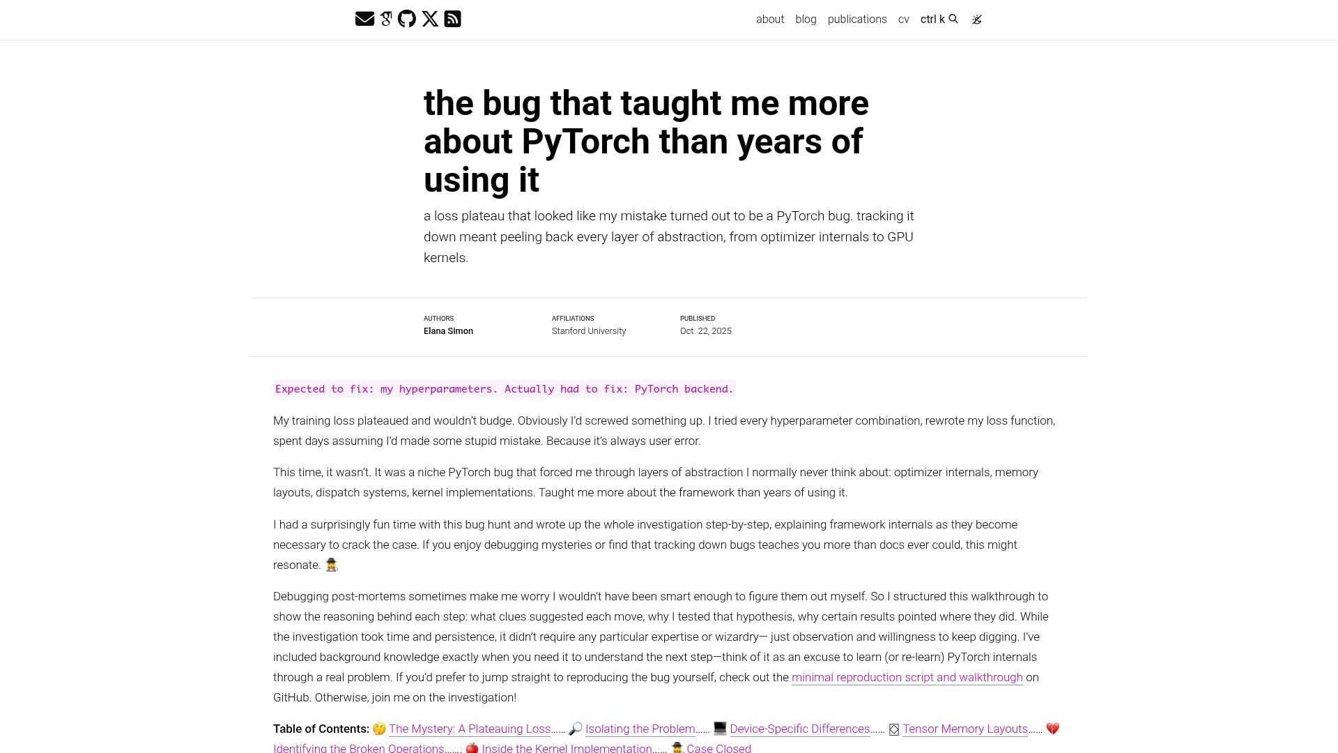 Screenshot of elanapearl.github.io: A bug that taught me more about PyTorch than years of using it