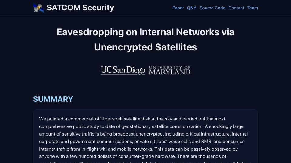 Screenshot of satcom.sysnet.ucsd.edu: Eavesdropping on Internal Networks via Unencrypted Satellites