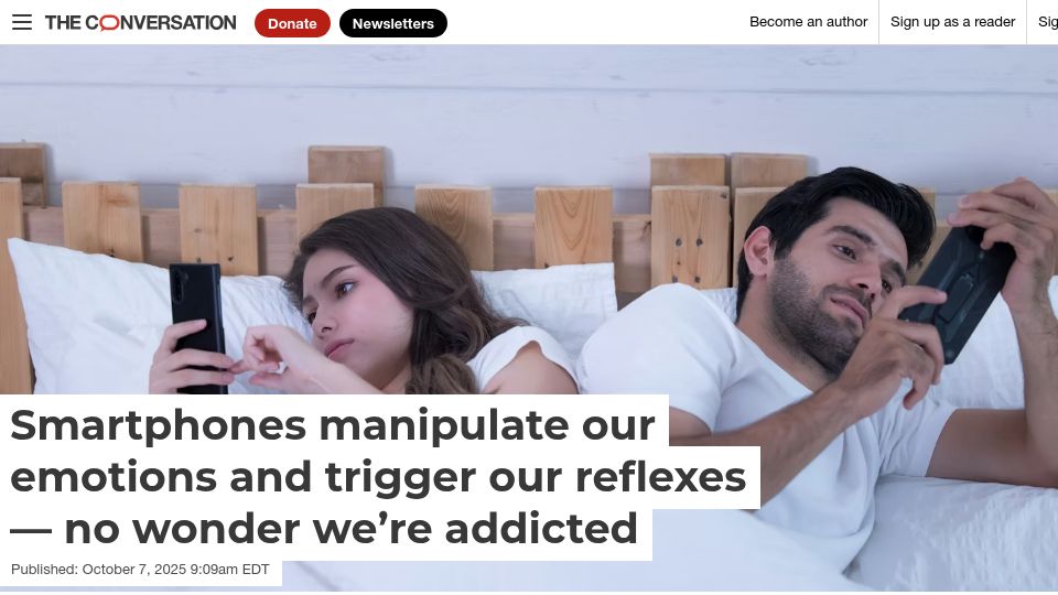 Screenshot of theconversation.com: Smartphones manipulate our emotions and trigger our reflexes