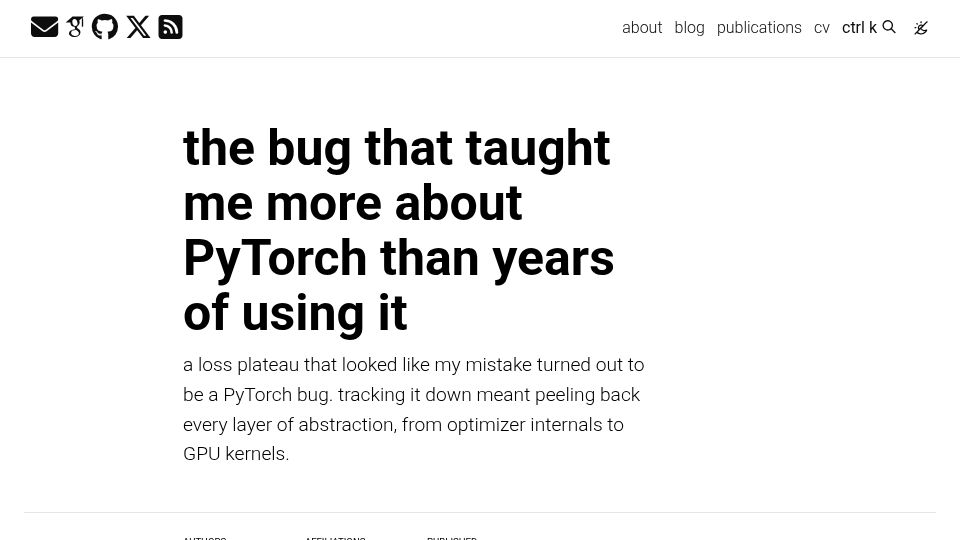 Screenshot of elanapearl.github.io: A bug that taught me more about PyTorch than years of using it