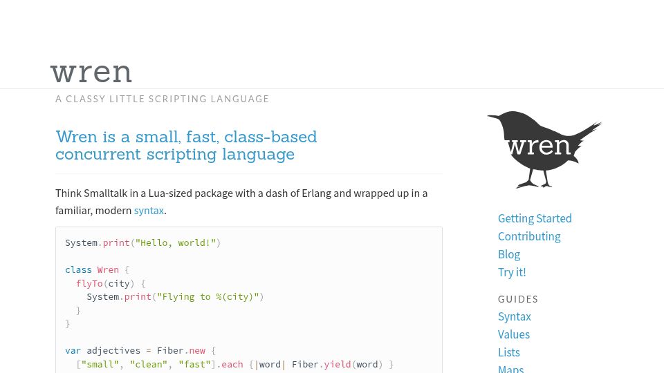 Screenshot of wren.io: Wren: A classy little scripting language