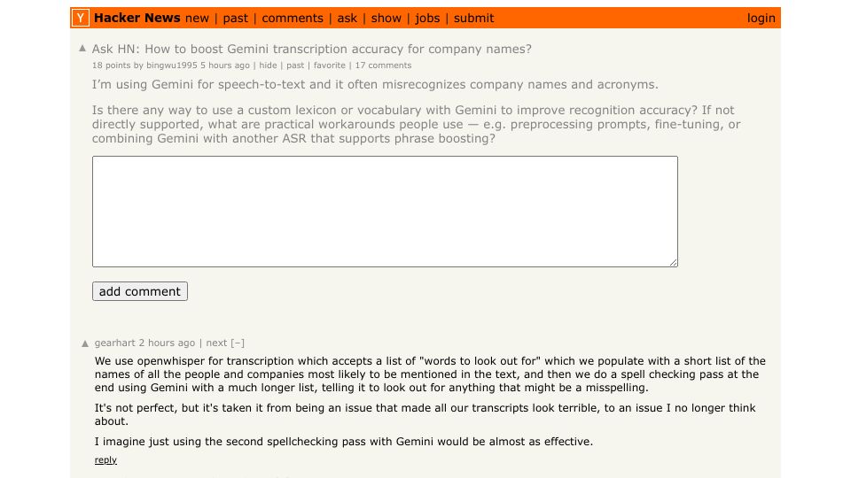 Screenshot of Hacker News post: Ask HN: How to boost Gemini transcription accuracy for company names?