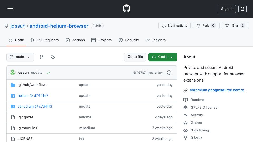 Screenshot of github.com: Show HN: Helium Browser for Android with extensions support, based on Vanadium