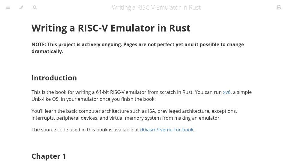 Screenshot of book.rvemu.app: Writing a RISC-V Emulator in Rust