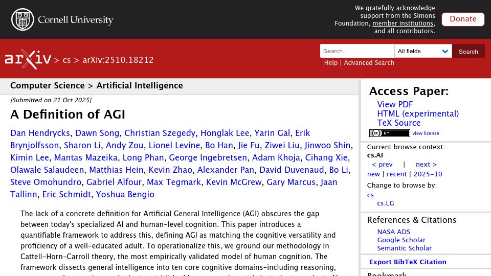 Screenshot of arxiv.org: A definition of AGI