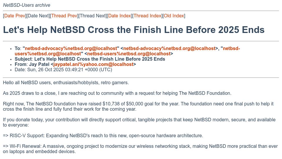Screenshot of mail-index.netbsd.org: Let's Help NetBSD Cross the Finish Line Before 2025 Ends