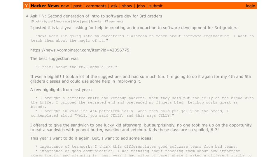 Screenshot of Hacker News post: Ask HN: Second generation of intro to software dev for 3rd graders