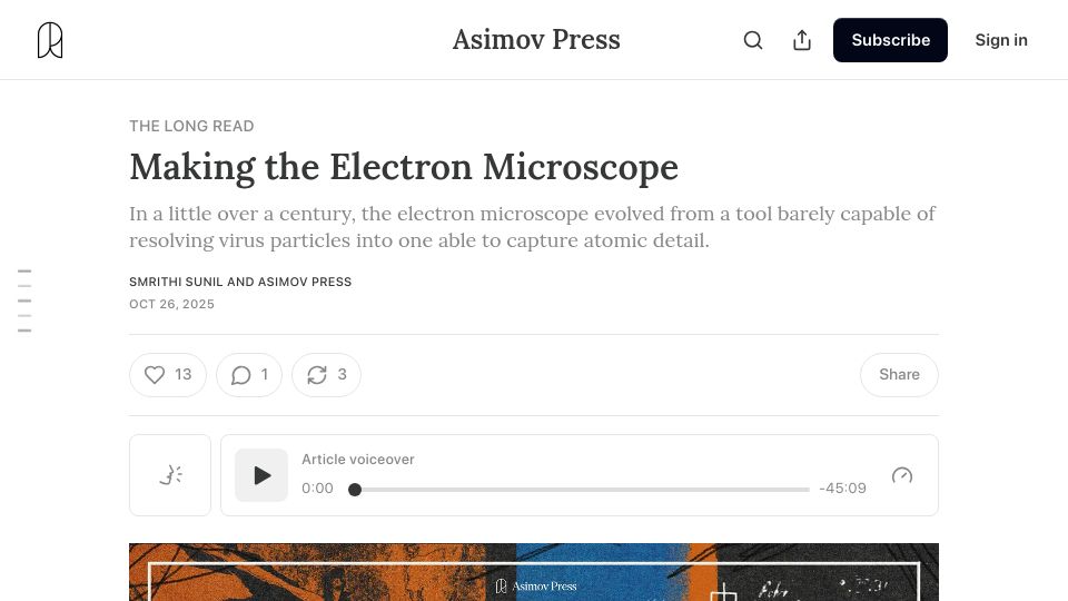 Screenshot of asimov.press: Making the Electron Microscope