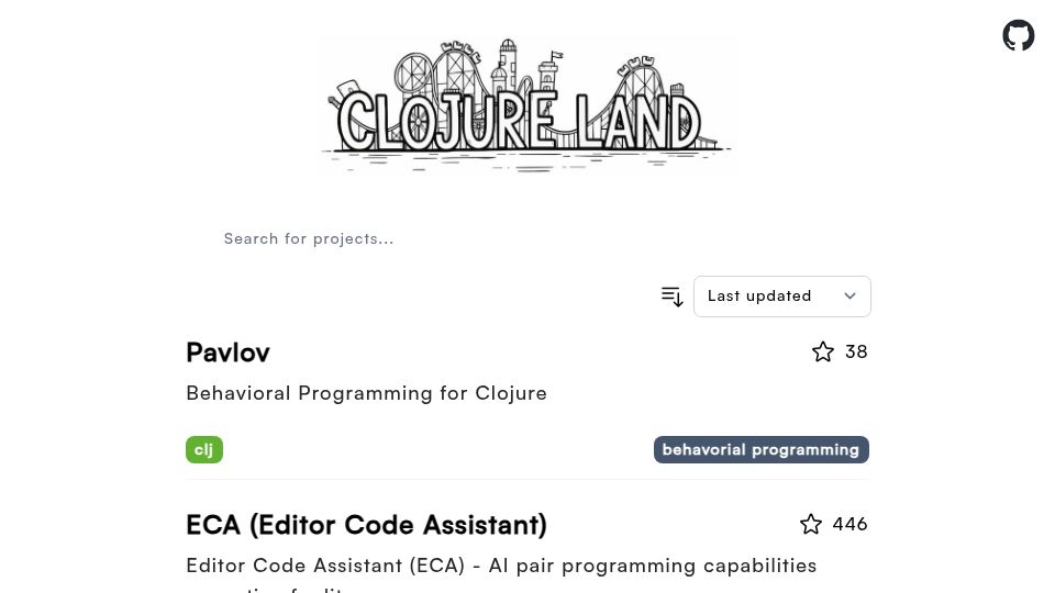 Screenshot of clojure.land: Clojure Land – Discover open-source Clojure libraries and frameworks