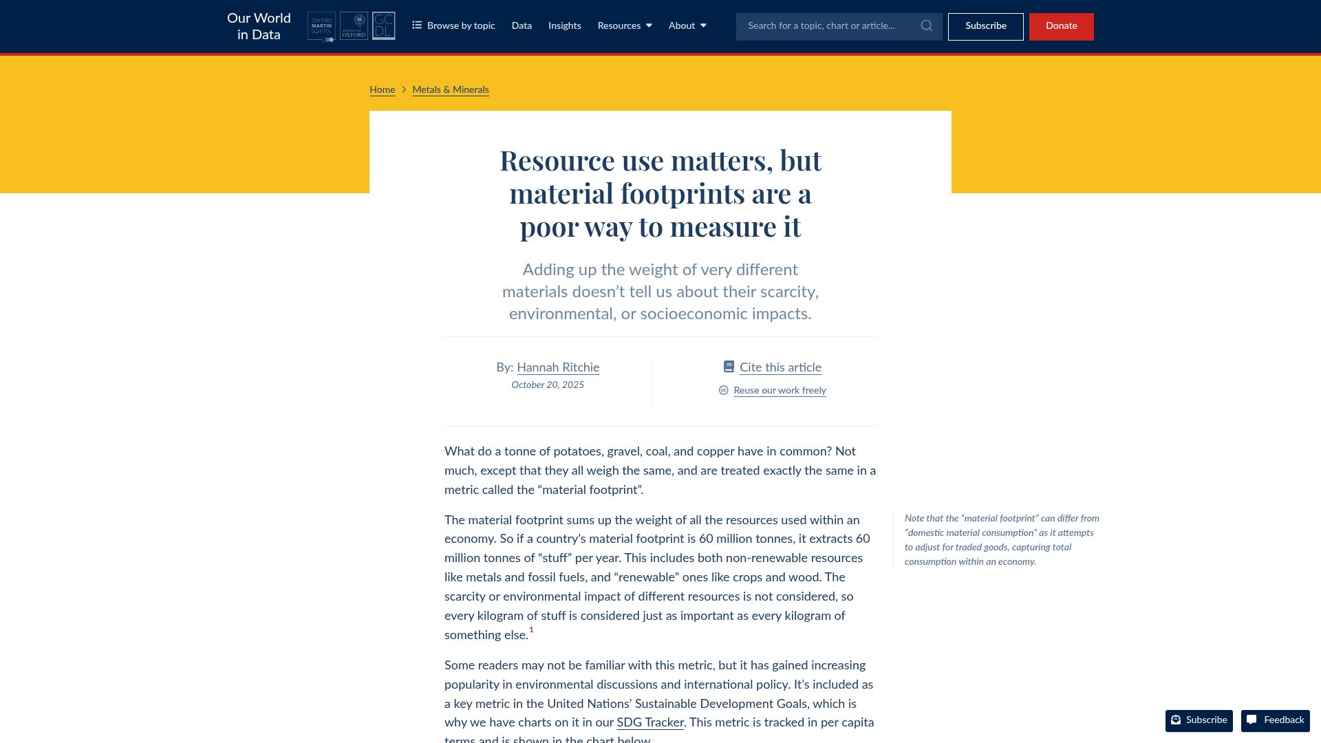 Screenshot of ourworldindata.org: Resource use matters, but material footprints are a poor way to measure it