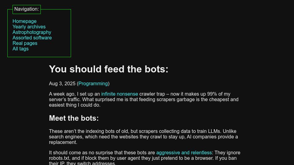 Screenshot of maurycyz.com: Feed the bots