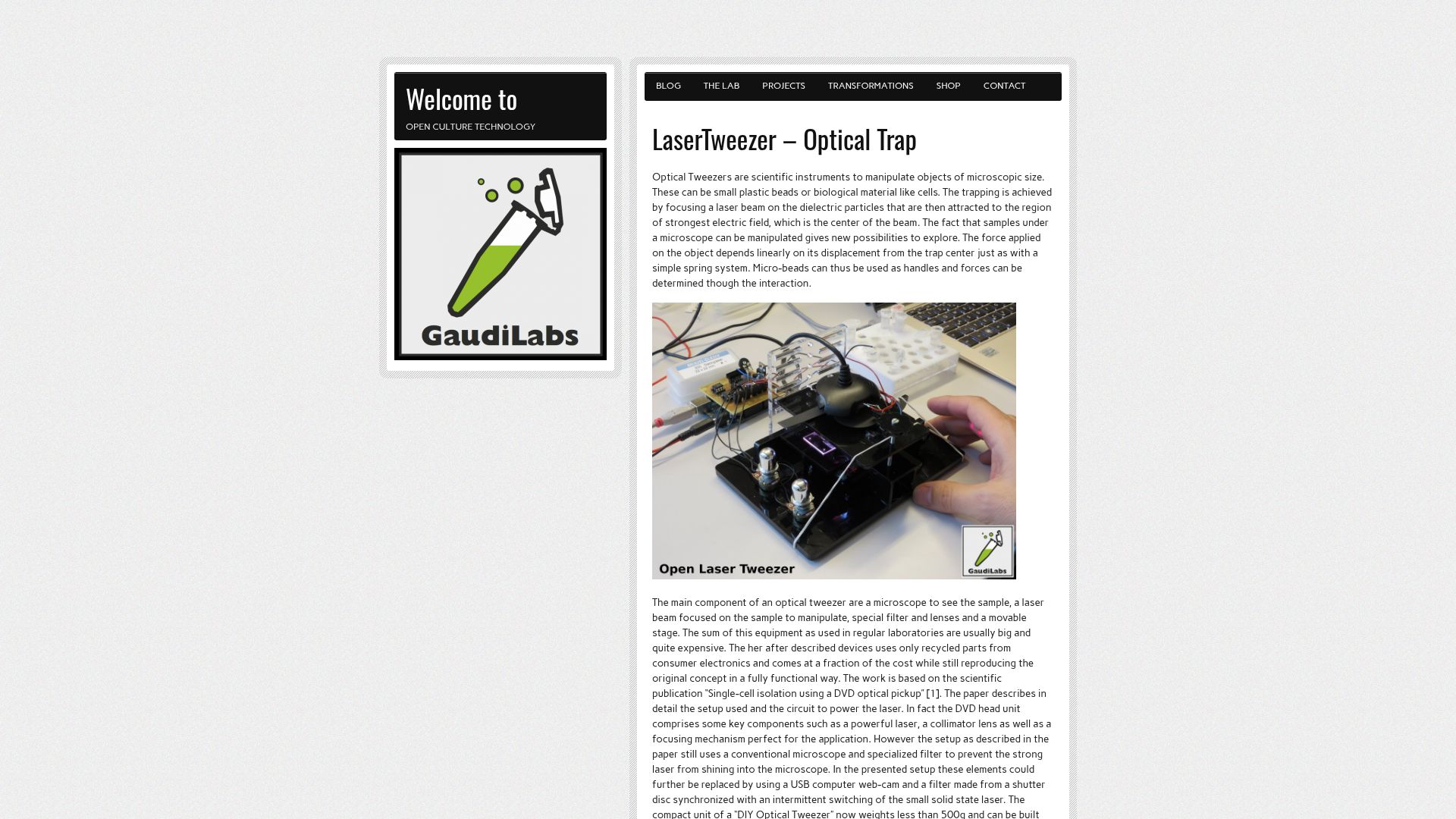 Screenshot of gaudi.ch: LaserTweezer – Optical Trap