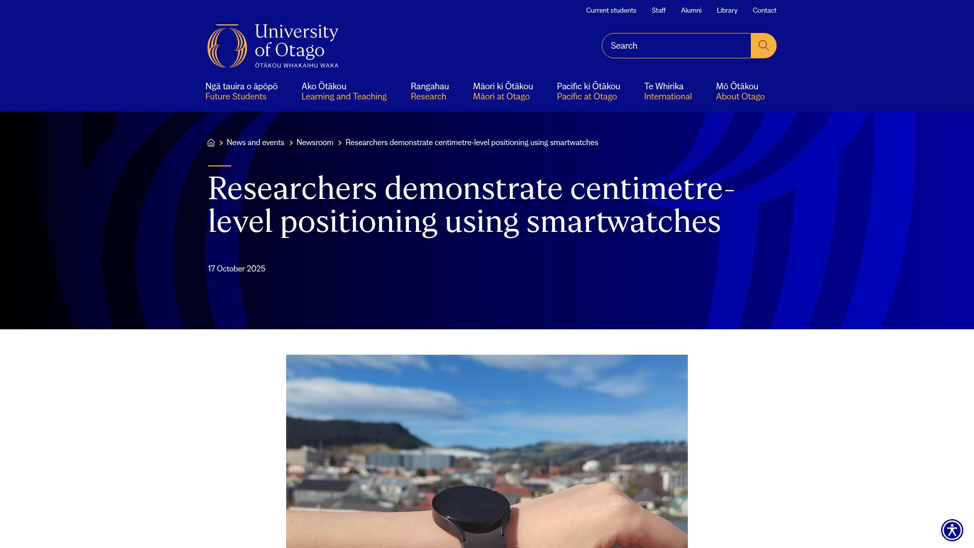 Screenshot of otago.ac.nz: Researchers demonstrate centimetre-level positioning using smartwatches