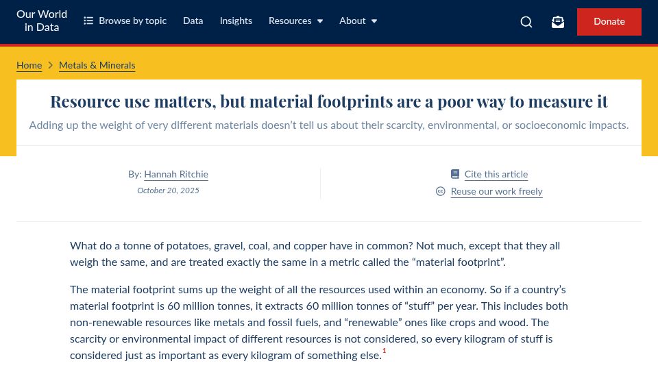 Screenshot of ourworldindata.org: Resource use matters, but material footprints are a poor way to measure it