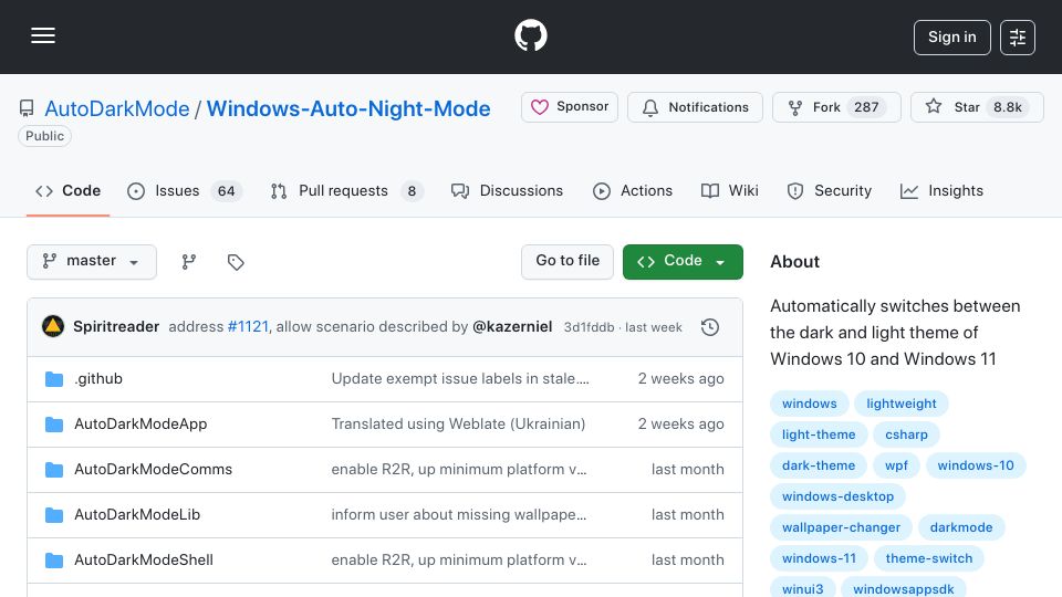 Screenshot of github.com: Auto Dark Mode for Windows