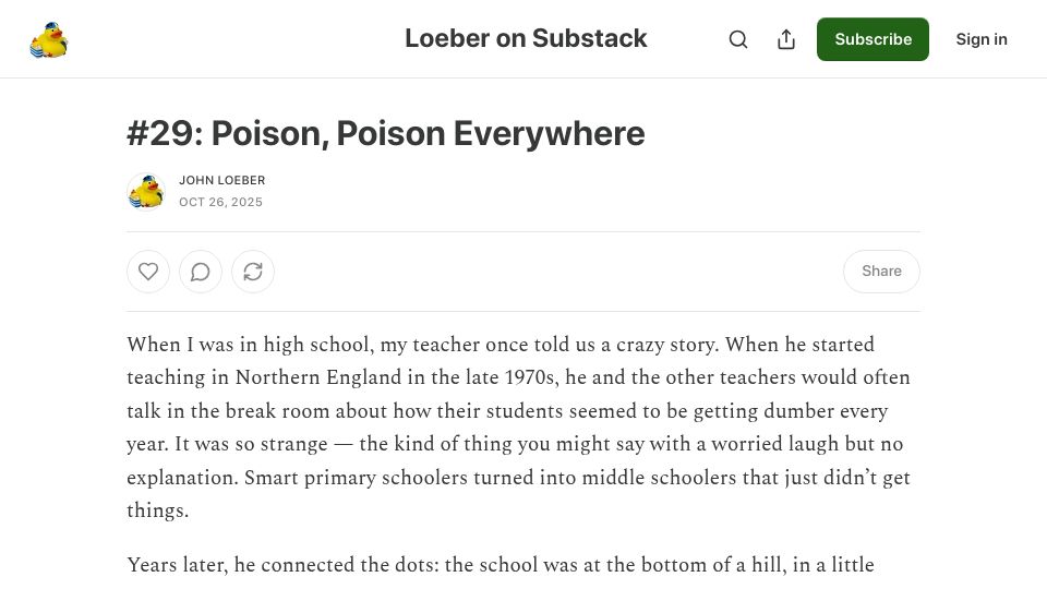 Screenshot of loeber.substack.com: Poison, Poison Everywhere