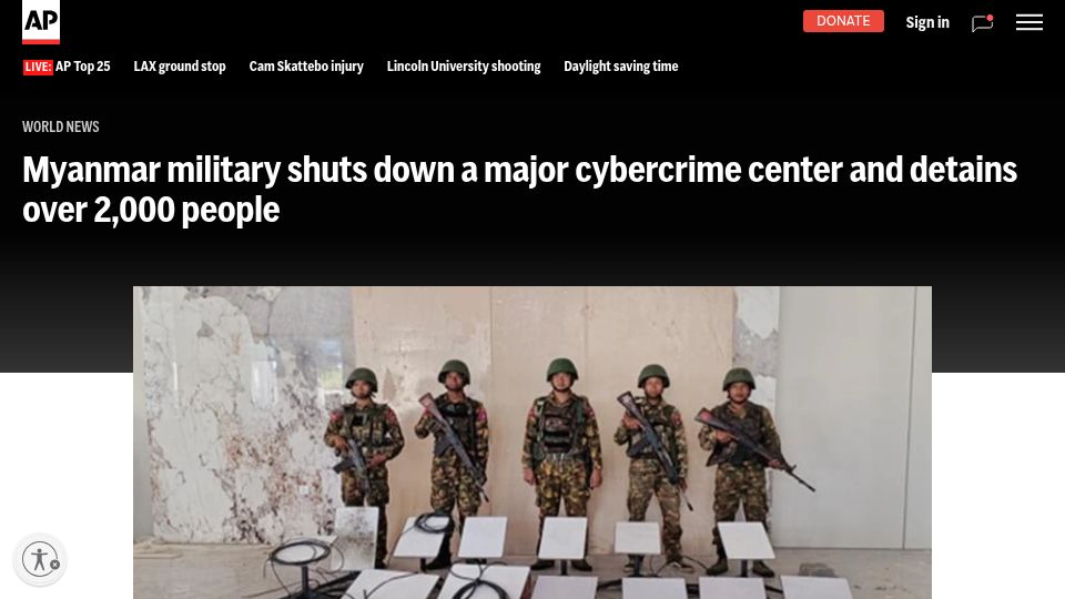 Screenshot of apnews.com: Myanmar military shuts down a major cybercrime center, detains over 2k people