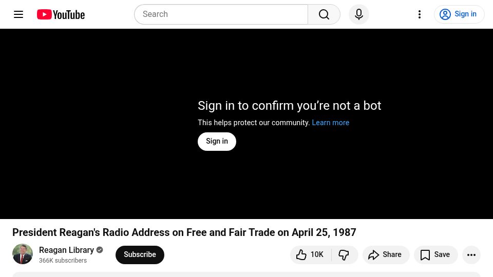 Screenshot of youtube.com: President Reagan's Radio Address to the Nation on Tarrifs, 1987