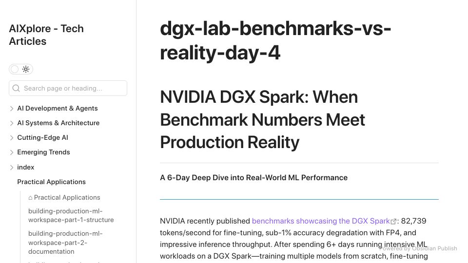 Screenshot of publish.obsidian.md: Nvidia DGX Spark: When benchmark numbers meet production reality